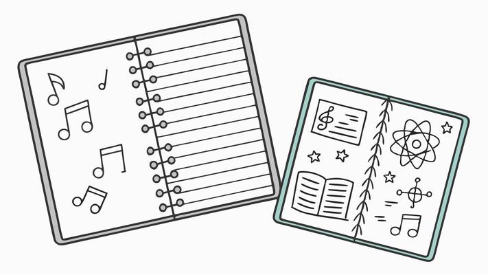Two open notebooks showcase creativity one with musical notes the other with science symbols stars and an open book