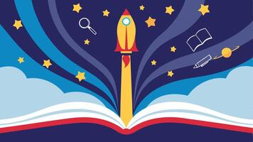 Book launch rocket into space concept for education learning and imagination illustration vector