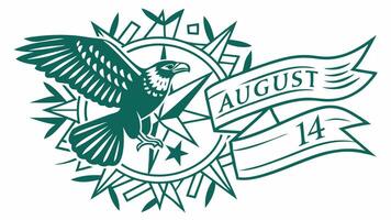 Majestic eagle soaring above compass rose August 14th design teal green art vintage style graphic symbolic vector