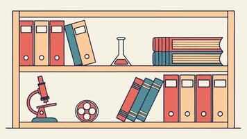 A Neat Wooden Bookshelf Displaying Educational Resources such as Books, Binders, a Microscope, and Lab Equipment Ideal for Classroom or Study Settings vector