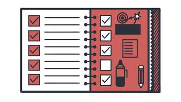 Plan your day achieve your goals Notebook with checklist notes and creative tools Red cover spiral bound flatlay vector