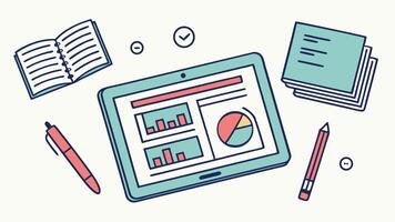 Analyze data charts on tablet review notes plan next steps simple workspace pastel colors flat design vector