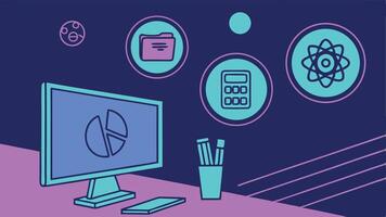 Data analysis research and calculations A vibrant illustration of a desktop with pie chart calculator atom and files vector