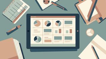 Analyzing key business data on a tablet surrounded by notebooks pens and other office supplies a flat lay image with vector