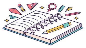 Open spiral notebook ready for ideas with pencils ruler and geometric shapes playfully surrounding it bright colorful vector