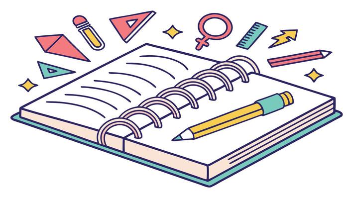 Open spiral notebook ready for ideas with pencils ruler and geometric shapes playfully surrounding it bright colorful