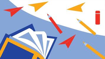 Open book pencils paper airplanes soar A vibrant back to school image with bright colors and playful design elements vector