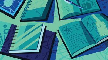 Mysterious teal notebooks and spellbooks scattered hinting at hidden knowledge and secret rituals with a vibrant vector