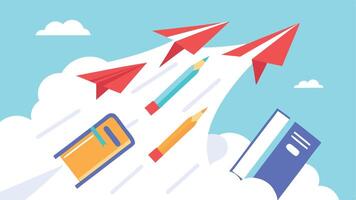 Educational supplies soar propelled by paper airplanes symbolizing the exciting journey of learning and knowledge bright vector