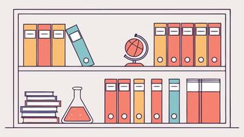 Illustration of bookshelf with books binders globe and flask for education and study concept vector