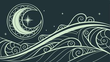 illustration of moon stars and ocean waves night sky background decorative design graphic art vector