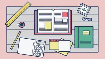 Flat lay study desk with book, calculator, ruler, pencil, coffee, and notes for education concept vector