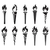 Collection of Black Torch Flame Icons Showing Different Torch Designs in a Bold Silhouette Style Format vector