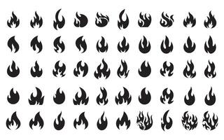 Collection of Black Flame Icons in Various Shapes and Styles Representing Fire Symbols in Silhouette vector
