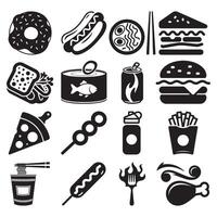 Assorted Fast Food and Snack Icons in Black Silhouette Style Representing Various Edible Food Items vector
