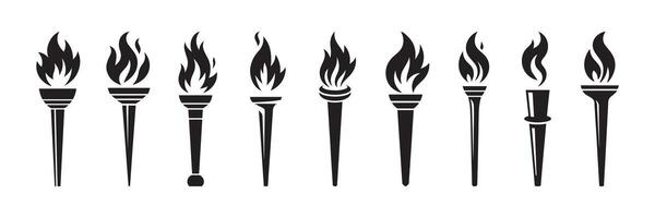 Various Stylized Torch Icons with Flames Depicting Symbol of Light Power Spirit in Silhouette vector