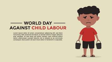 World Day Against Child Labour template greeting background with sad and tired boy doing construction work vector
