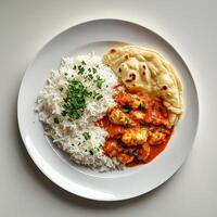 Plate of food with rice, meat, and a tortilla photo
