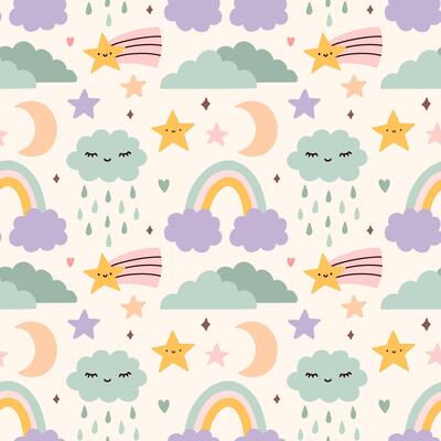 Cute seamless pattern with childish doodles in pastel colors - rainbow, stars, clouds and moon. hand-drawn flat illustration. Perfect for print, wrapping paper, wallpaper, fabric, textile.