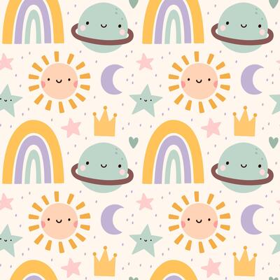 Cute seamless pattern with childish doodles in pastel colors - rainbow, stars, planets and sun. hand-drawn flat illustration. Perfect for print, wrapping paper, wallpaper, fabric, textile.