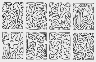 Set of compositions with linear natural elements. Organic, abstract patterns on a light gray background. Curved and irregular shapes resembling plant-like forms. hand-drawn illustration vector
