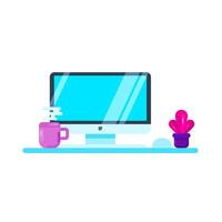 computer desk with soft colors, there is a computer, mouse, flower pot and a cup of hot coffee vector