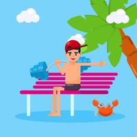 A boy is sitting on a bench by the beach while lifting a barbell and accompanied by a crab. vector