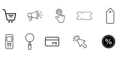 Shopping and Retail Line Icons Set with Cart, Tag, Card, Megaphone, and Sale Symbols vector