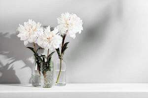 Elegant white peonies flowers on table wall background. Template for text or artwork, trendy shadows photo