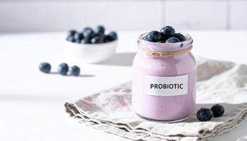 Jar of probiotic yogurt topped with fresh blueberries sits on cloth, with bowl of blueberries in background photo