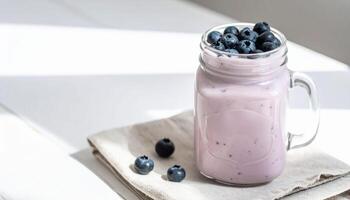 Creamy blueberry smoothie in mason jar on napkin, with fresh blueberries on top, bathed in soft natural light photo