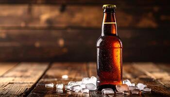Chilled brown root beer bottle on wooden table with ice cubes photo