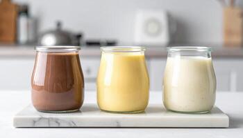 Three types of pudding chocolate, vanilla, and rice are arranged on marble board in cozy kitchen setting photo