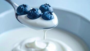 Creamy yogurt with fresh blueberries on spoon, creating delicious and healthy snack photo