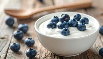 Bowl of creamy yogurt topped with fresh blueberries sits on rustic wooden table, creating healthy and inviting snack photo