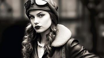 A woman with a red lipstick and a hat is posing for a photo