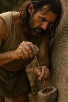 Copper Age artisan engraving symbols in stone with chisel. photo