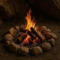 Paleolithic campfire surrounded by stones in cave, photo
