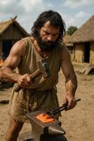 Copper Age blacksmith forging metal in open-air village. photo