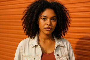 Confident young woman with curly hair posing in front of orange wall. . photo