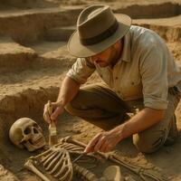 Archaeologist excavating a human skeleton at a dig site. . photo