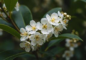 Flowering Branch with White Blossoms and Green Leaves photo