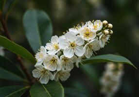 Blooming White Flowers with Yellow Centers on Green Foliage Branch photo