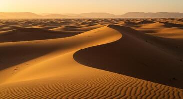 Sand Dunes Landscape at Sunrise with Golden Light and Mountain Backdrop photo