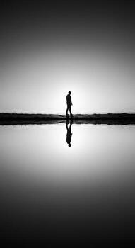 Person Walking Alone Reflecting on Water in Monochrome Dreamscape Image photo