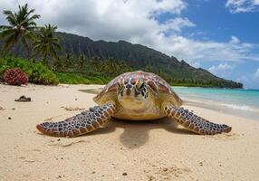 Sea Turtle Resting on Sandy Beach with Tropical Island Background photo