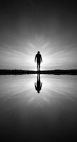 Silhouette Standing Near Water with Reflection at Dawn in Monochrome photo