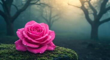 Pink Rose with Water Droplets Resting on Moss in Misty Forest photo