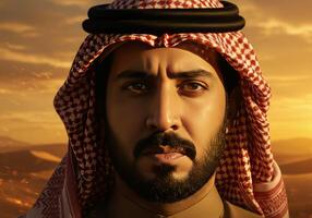 Portrait of Serious Arab Man Wearing Keffiyeh with Desert Background photo