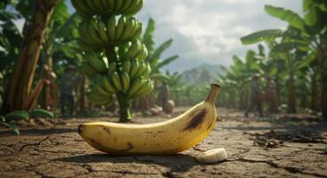 Ripe Banana on Cracked Ground in a Tropical Plantation with Workers photo